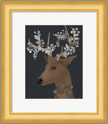 Framed Deer, White Flowers Print