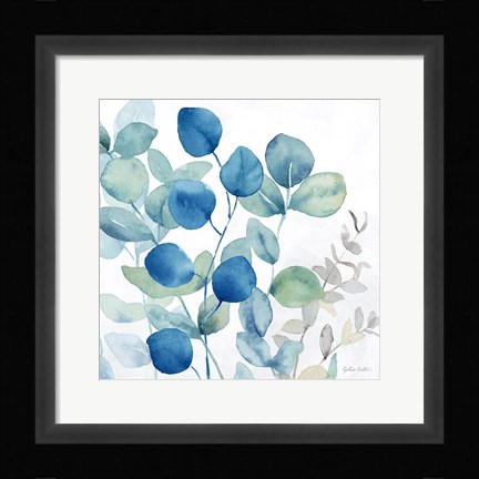 Framed Eucalyptus Leaves Navy I Print