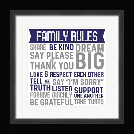 Framed Family Rules II Blue Gray Print