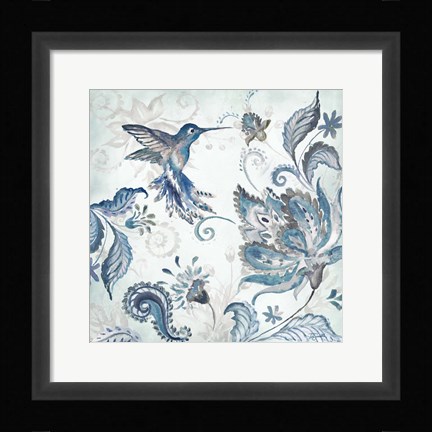 Framed Watercolor Boho Blue Hummingbird I Print
