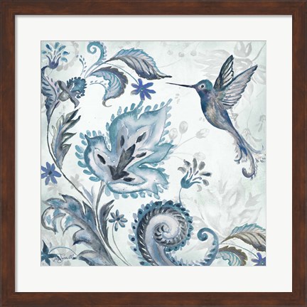 Framed Watercolor Boho Blue Hummingbird II Print