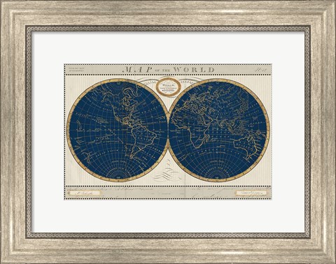 Framed Torkingtons World Map Indigo Globes Print