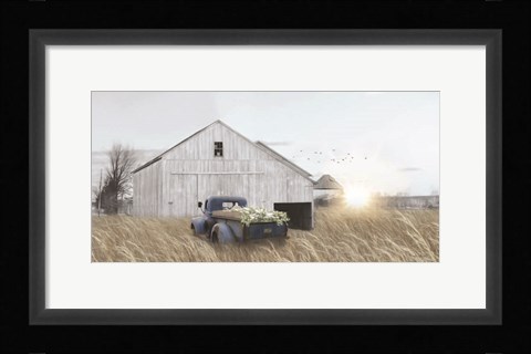 Framed Navy Blue Truck with Flowers Print