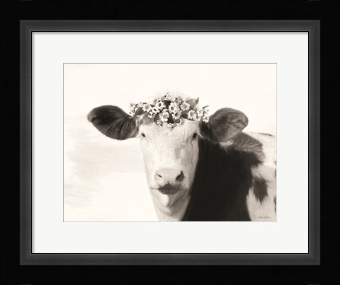 Framed Spotted Cow with Flowers Print