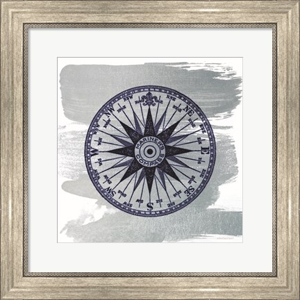 Framed Brushed Midnight Blue Compass Rose Print