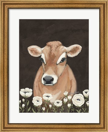 Framed Cow With Flowers Print