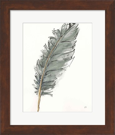 Framed Gold Feathers VII Green Print