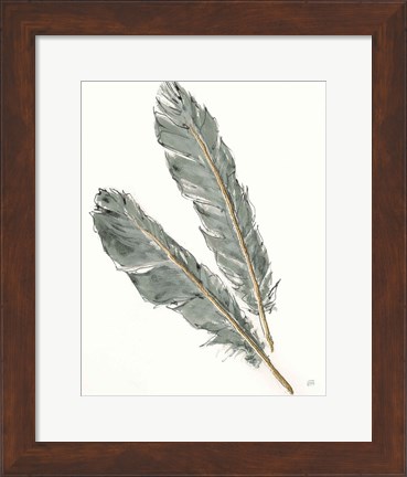 Framed Gold Feathers III Green Print