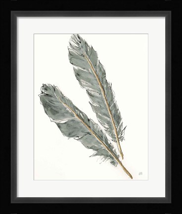 Framed Gold Feathers III Green Print