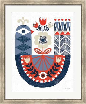 Framed Folk Lodge Bird Red Navy Print