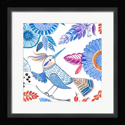 Framed Bird with Flowers I Print