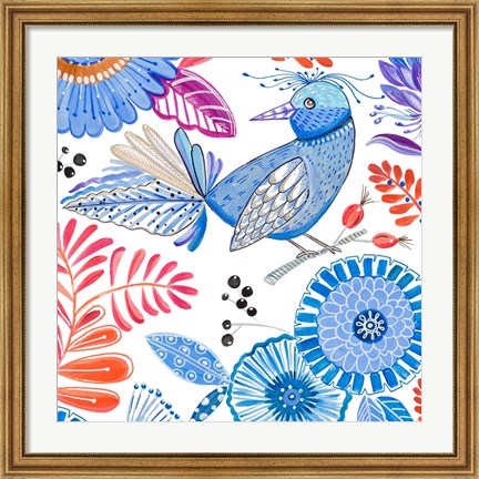 Framed Bird with Flowers II Print