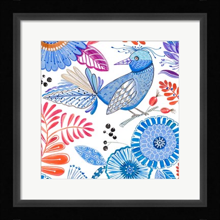 Framed Bird with Flowers II Print