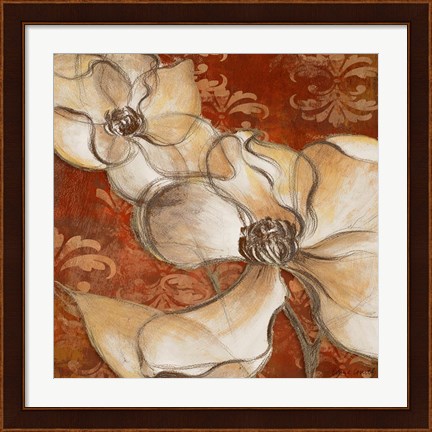 Framed Whispering Magnolia on Red II Print