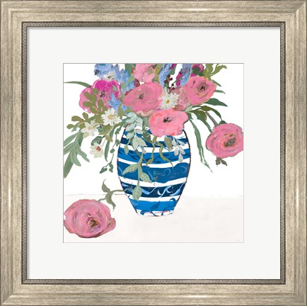 Framed Blue Vase of Pink Roses Print