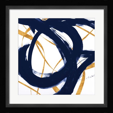 Framed Navy with Gold Strokes I Print