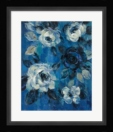 Framed Loose Flowers on Blue II Print