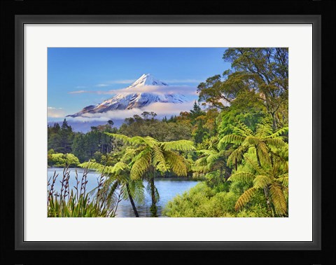 Framed Taranaki Mountain and Lake Mangamahoe, New Zealand Print