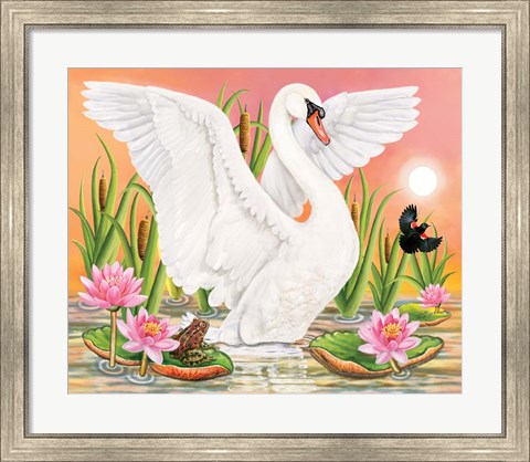 Framed Swan, Frog And Blackbird At Sunset Print