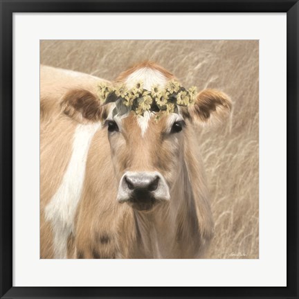 Framed Floral Cow I Print