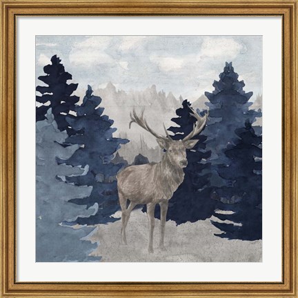 Framed Blue Cliff Mountains scene II-Deer Print