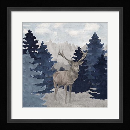 Framed Blue Cliff Mountains scene II-Deer Print