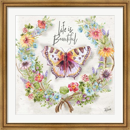 Framed Butterfly and Herb Blossom Wreath IV Print