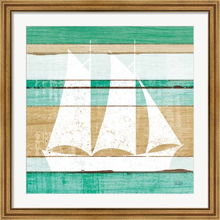 Framed Beachscape V Boat Green Print