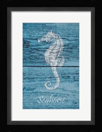 Framed Seahorse on Blue Wood Print