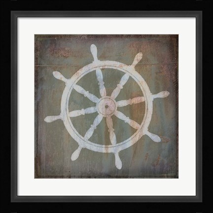 Framed Rusty Sign Nautical Wheel Print