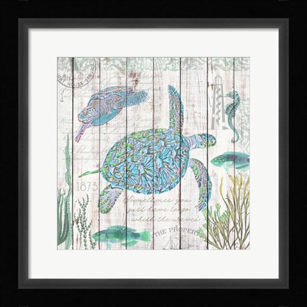 Framed Sea Turtles on Driftwood Panel Print