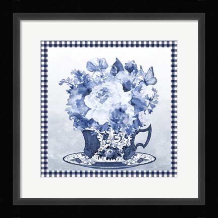 Framed Blue Teacup Bouquet E Print