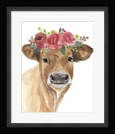Framed Flowered Cow I Print