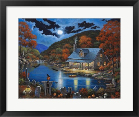 Framed Cabin on Halloween Lake Print