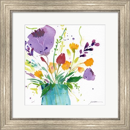 Framed Teal Vase With Bright Flowers Print