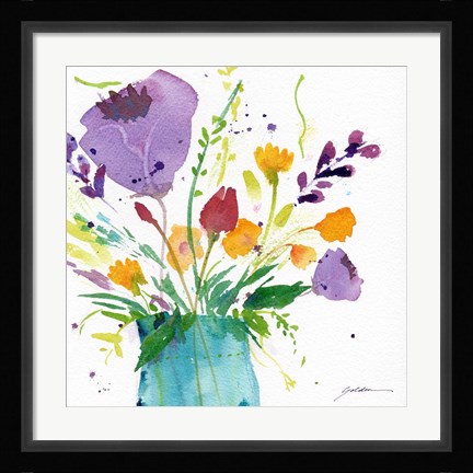 Framed Teal Vase With Bright Flowers Print