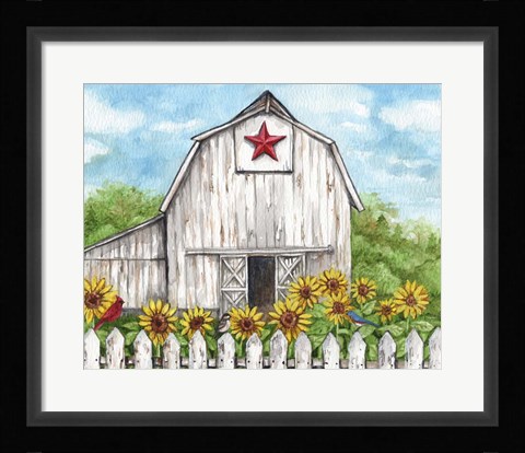 Framed Barn Fence Sunflowers and Birds Print