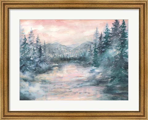 Framed Morning Mist at Pine Lake Print
