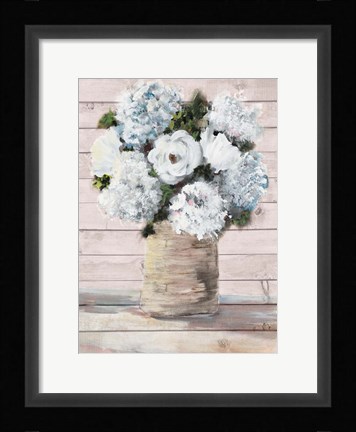 Framed White and Blue Rustic Blooms Print