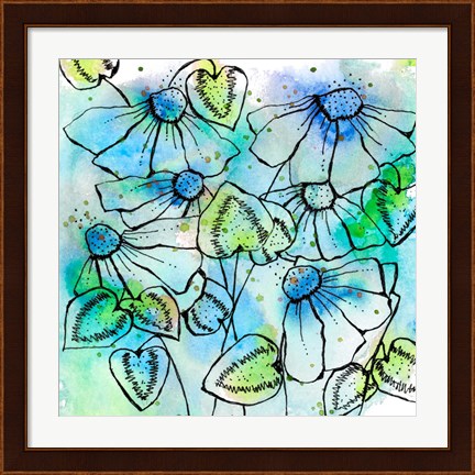 Framed Blue Bursts and Blossoms Square Print
