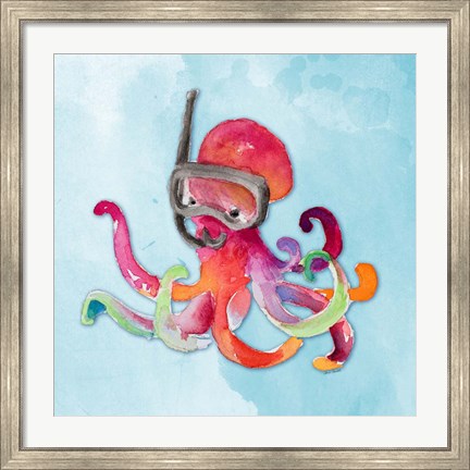 Framed Snorkeling Octopus on Watercolor Print