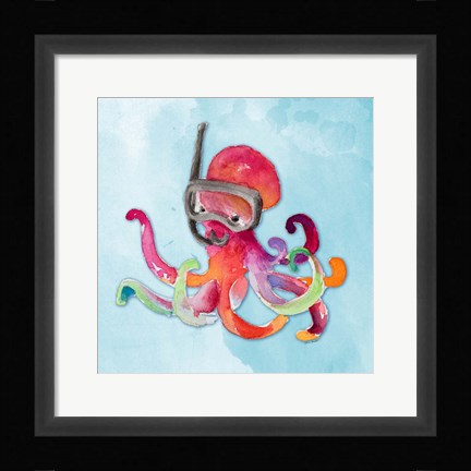 Framed Snorkeling Octopus on Watercolor Print