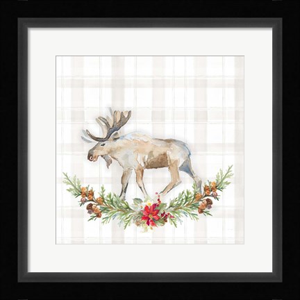 Framed Holiday Woodland Garland on Plaid I Print
