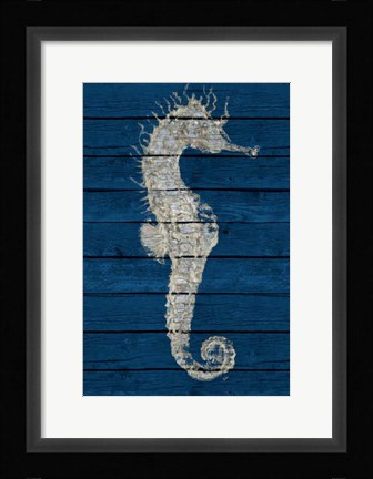Framed Antique Seahorse on Blue I Print