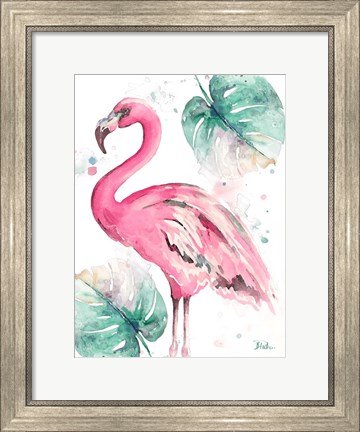 Framed Watercolor Leaf Flamingo I Print