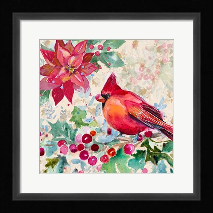 Framed Holiday Poinsettia and Cardinal I Print