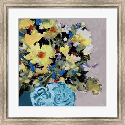 Framed Yellow Daisies In Blue Vase Print