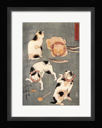 Framed Kuniyoshi Utagawa Four Cats in Different Poses 1830 Print