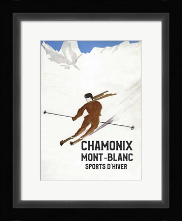 Framed Chamonix Mont-Blanc Alpine Ski Poster from 1930 Print
