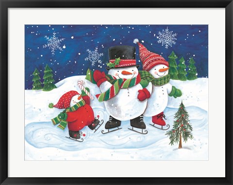 Framed Happy Snowmen Family on Skates Print